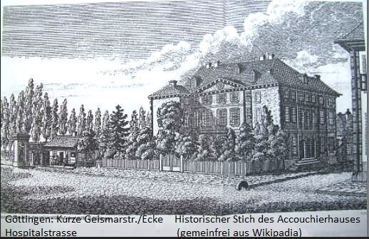 Göttingen, Accouchierhaus. Hist. Stich gemeinfrei aus Wikipedia